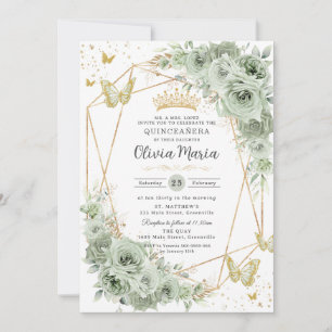 Sage Green Floral Butterflies Gold Quinceañera  Invitation