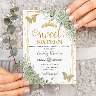 Sage Green Floral Butterflies Gold Sweet Sixteen Invitation