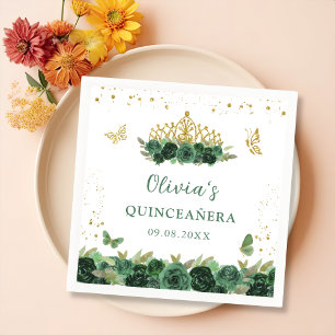 Sage Green Floral Butterflies Quinceañera Birthday Napkin