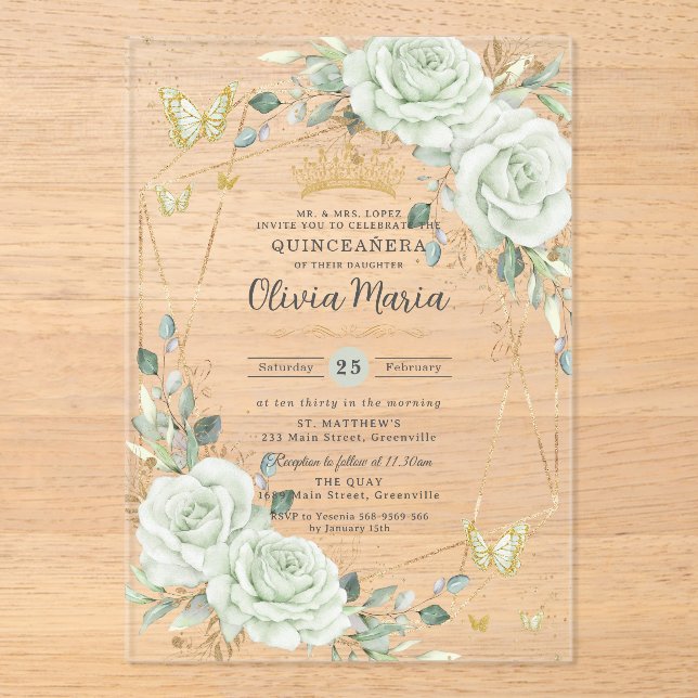 Sage Green Floral Butterflies Quinceañera Quince Acrylic Invitations (Front)