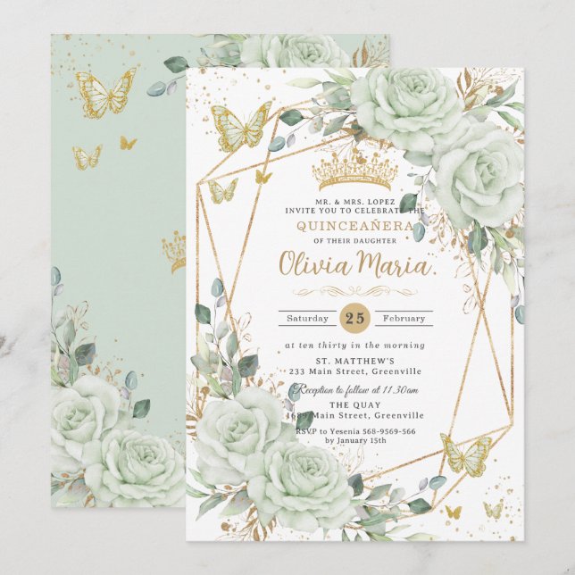 Sage Green Floral Butterflies Quinceañera Quince Invitation (Front/Back)