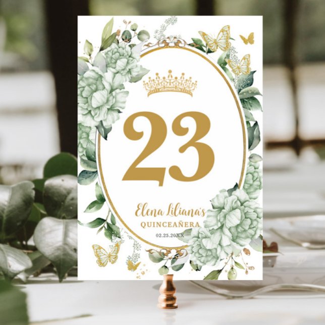 Sage Green Floral Butterflies Quinceanera Sweet 16 Table Number (Creator Uploaded)