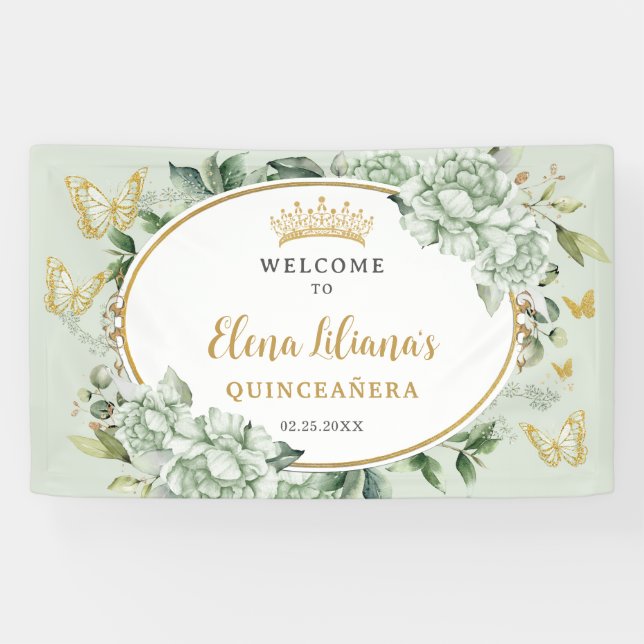 Sage Green Floral Butterflies Quinceañera Welcome Banner (Horizontal)