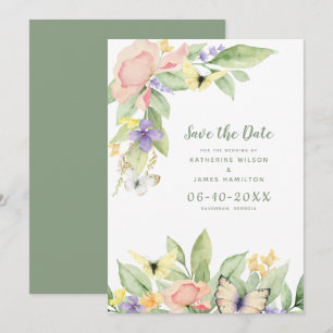 Sage Green Floral Butterflies Watercolor Save The Date