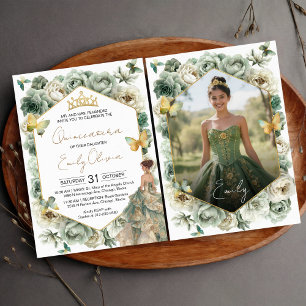 Sage Green Floral Butterfly Photo Quinceañera Invitation