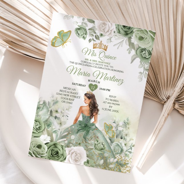 Sage Green Floral Butterfly Princess Mis Quince Invitation (Creator Uploaded)