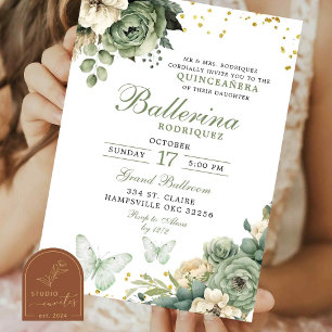 Sage Green Floral Butterfly Quinceanera Invitation