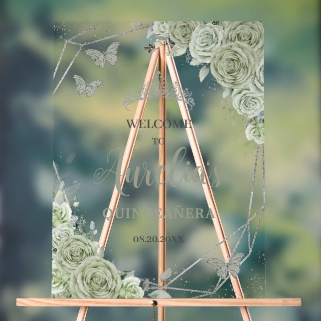 Sage Green Floral Butterfly Quinceañera XV Welcome Acrylic Sign (Neutral)
