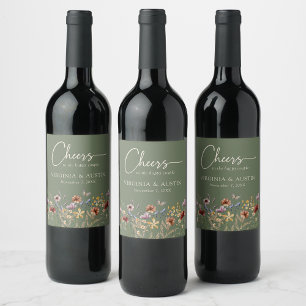 Sage Green Floral Cheers Wedding Wine Label