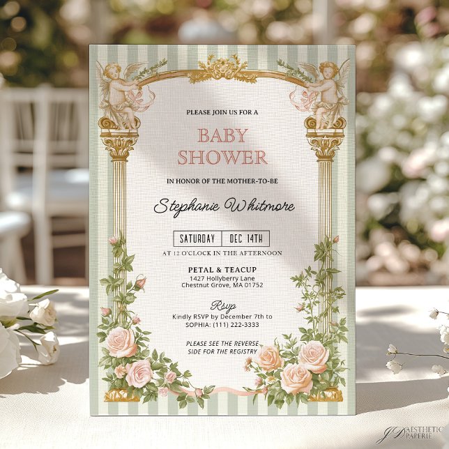 Sage Green Floral Cherub Baby Shower  Invitation (Creator Uploaded)