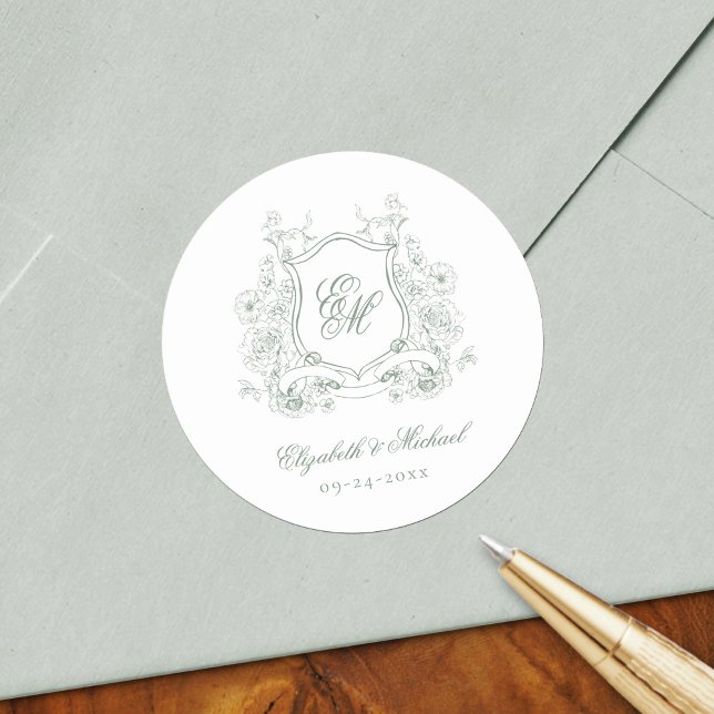 Sage Green Floral Crest Monogram Elegant Wedding Classic Round Sticker (Creator Uploaded)