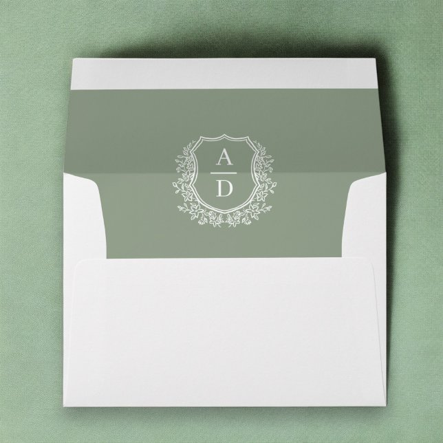 Sage Green Floral Crest Monogram Wedding Envelope (Creator Uploaded)