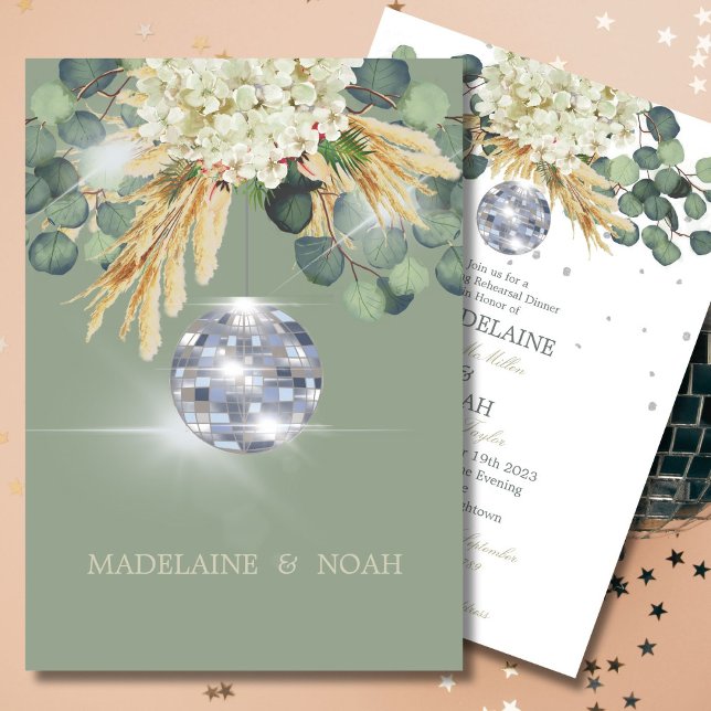 Sage Green Floral Disco Ball Wedding Rehearsal Invitation (Creator Uploaded)