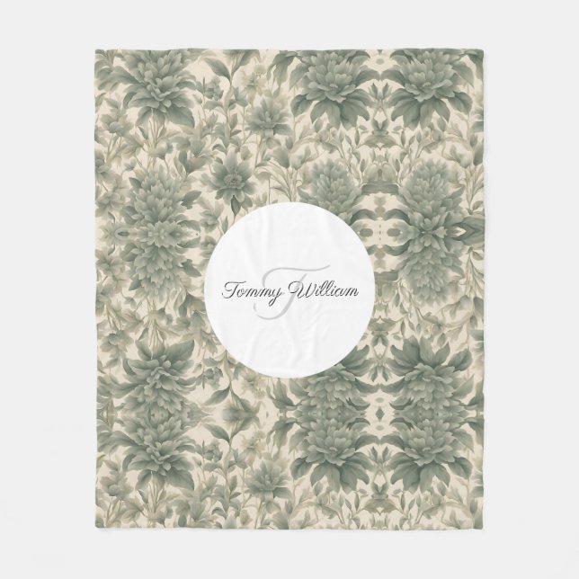 Sage Green Floral Elegant Fleece Blanket (Front)