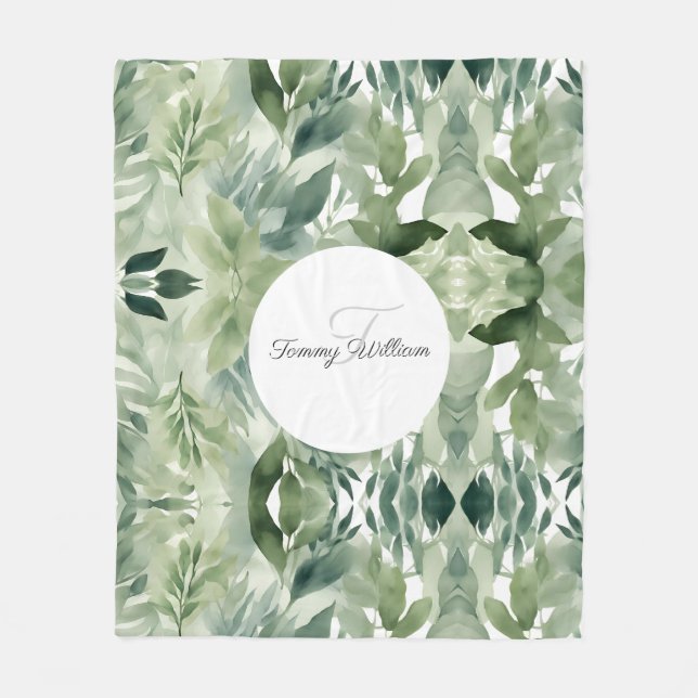 Sage Green Floral Elegant Fleece Blanket (Front)
