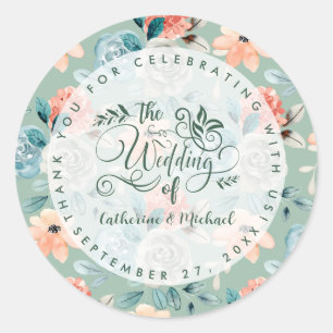Sage Green Floral Elegant Wedding Calligraphy   Classic Round Sticker