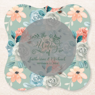 Sage Green Floral Elegant Wedding Calligraphy Paper Coaster