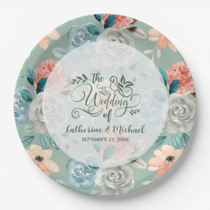 Sage Green Floral Elegant Wedding Calligraphy Paper Plate