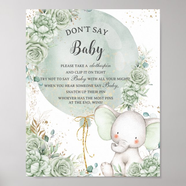 Sage Green Floral Elephant Don't Say Baby Game Poster (Front)