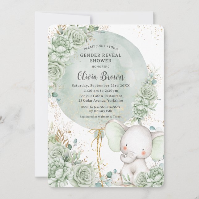Sage Green Floral Elephant Neutral Gender Reveal Invitation (Front)