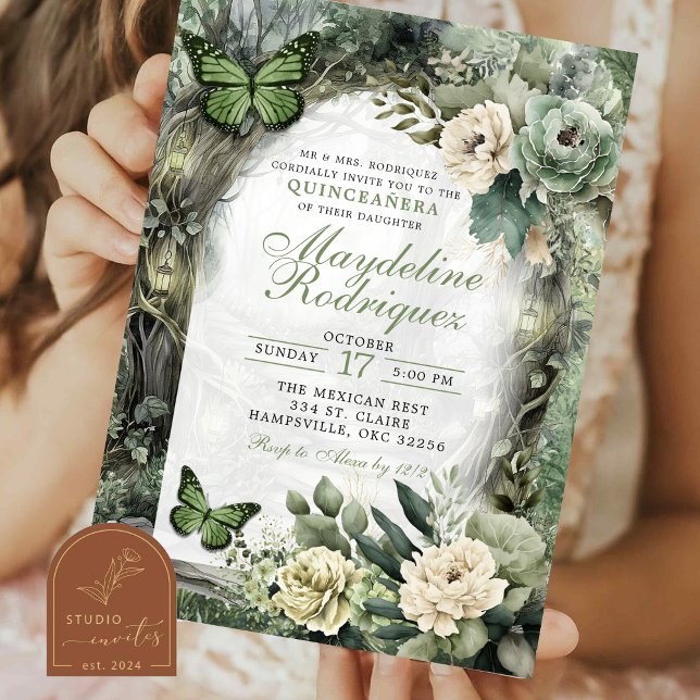 Sage Green Floral Enchanted Forest Quinceanera Invitation (Creator Uploaded)