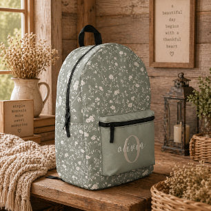 Sage Green Floral , Farmhouse, Cottage core Printed Backpack