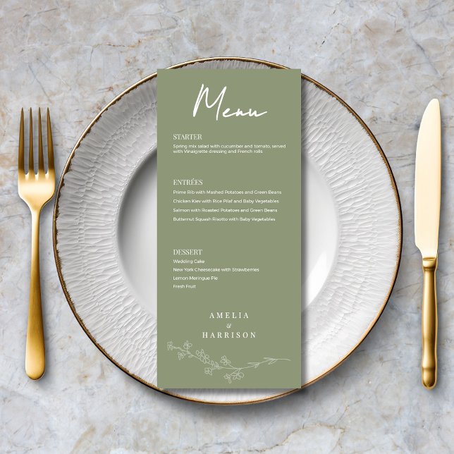 Sage Green Floral Formal Elegant Wedding Menu (Sage Green Floral Formal Elegant Wedding Menu with Menu Options, Optional Text on Back.)