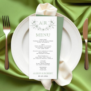 Sage green floral frame monogram wedding menu card