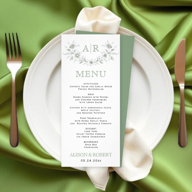 Sage green floral frame monogram wedding menu card (Creator Uploaded)