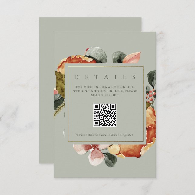 Sage Green Floral Garden QR Wedding Website  Enclosure Card (Front/Back)