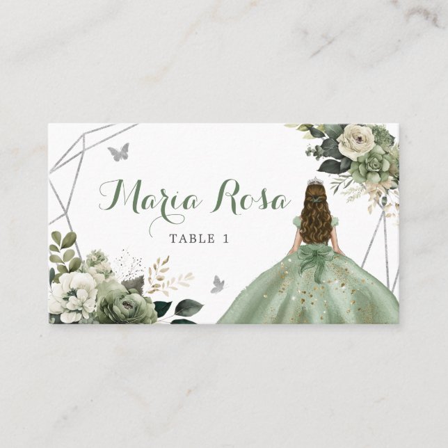 Sage Green Floral Geometric Princess Quinceañera Place Card (Front)