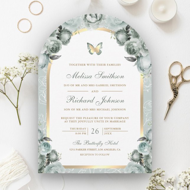 Sage Green Floral Gold Arch Butterfly Wedding Invitation (Creator Uploaded)