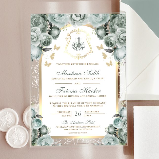 Sage Green Floral Gold Arch Muslim Wedding Acrylic Invitations (Creator Uploaded)