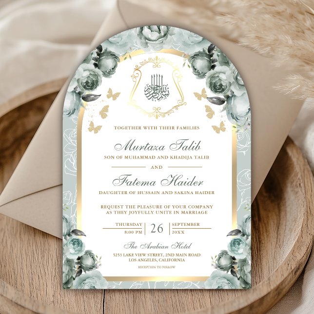 Sage Green Floral Gold Arch Muslim Wedding Invitation (Creator Uploaded)