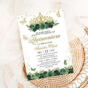 Sage Green Floral Gold Butterflies Quinceañera Invitation