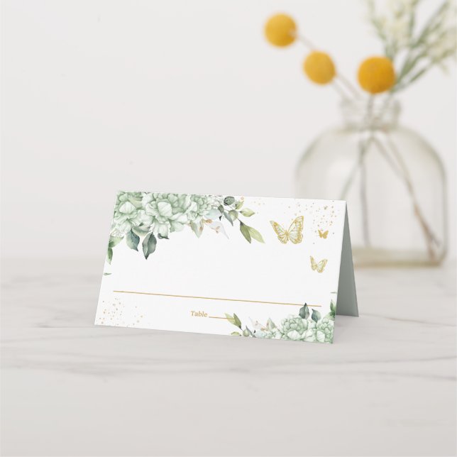 Sage Green Floral Gold Butterflies Quinceañera Place Card (Front)