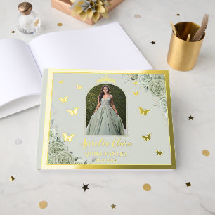 Sage Green Floral Gold Quinceañera 15 Quince Photo Guest Book