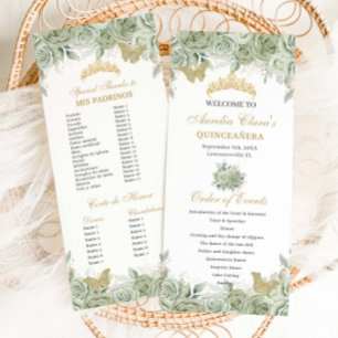 Sage Green Floral Gold Quinceañera Order of Events Programme