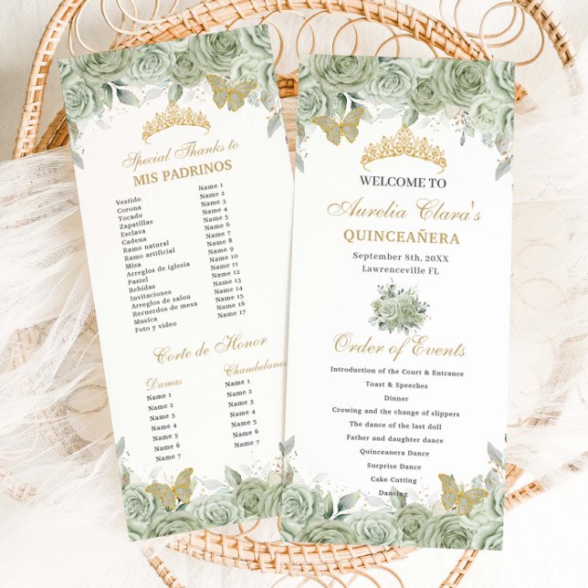 Sage Green Floral Gold Quinceañera Order of Events Programme (Creator Uploaded)