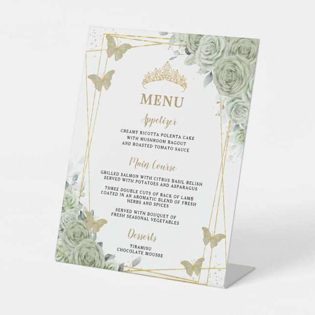 Sage Green Floral Gold Quinceanera Sweet 16 Menu Pedestal Sign (Front)