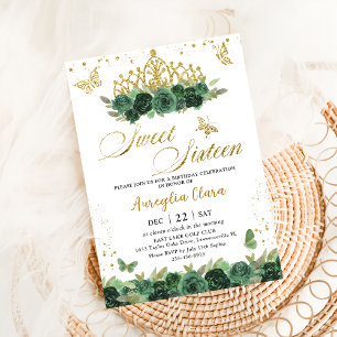 Sage Green Floral Gold Sweet sixteen 16 Birthday Invitation