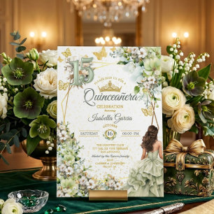Sage Green Floral Golden Butterflies Quinceañera Invitation