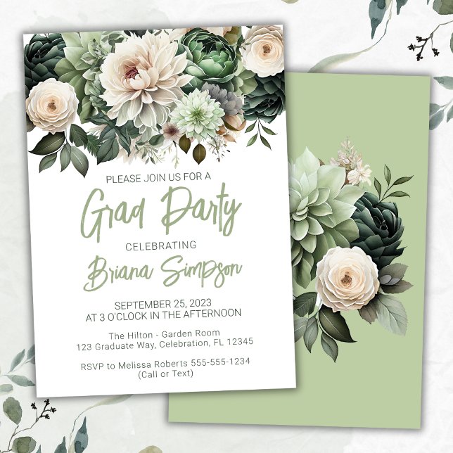 Sage Green Floral Graduation Grad Party Invitation (Creator Uploaded)