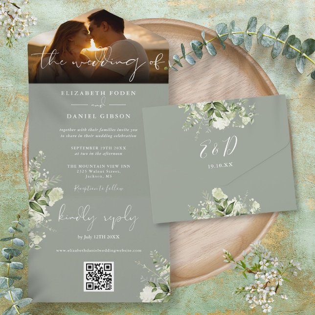 Sage Green Floral Greenery QR Code Wedding Photo All In One Invitation (Sage Green Floral Greenery QR Code Wedding Photo All In One Invitation)