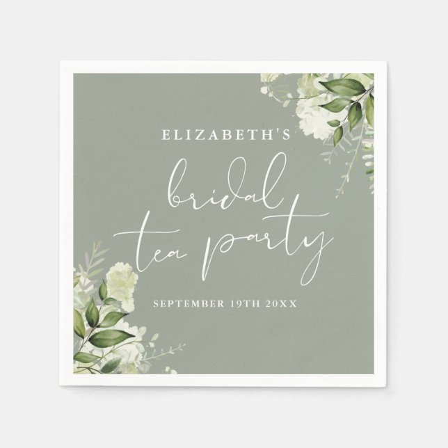 Sage Green Floral Greenery Script Bridal Tea Party Napkin (Front)