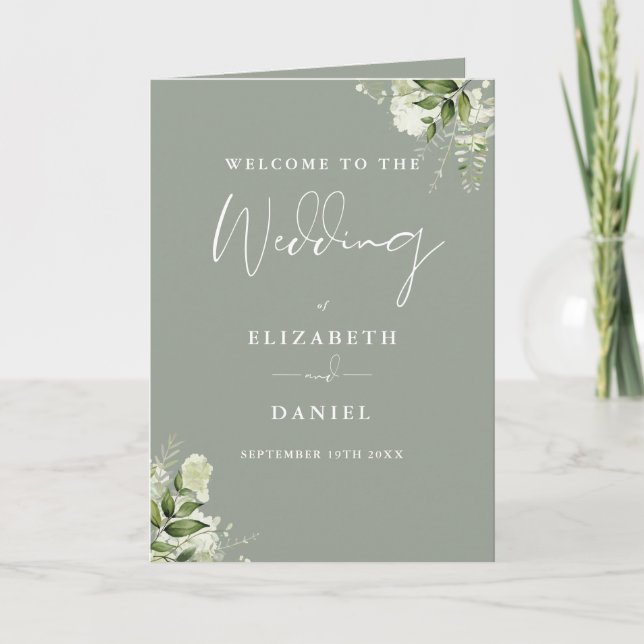 Sage Green Floral Greenery Wedding  Programme (Front)