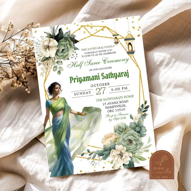 Sage Green Floral Half Saree India Ceremony Invitation (Creator Uploaded)