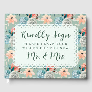 Sage Green Floral Lace Elegant Wedding Calligraphy Guest Book