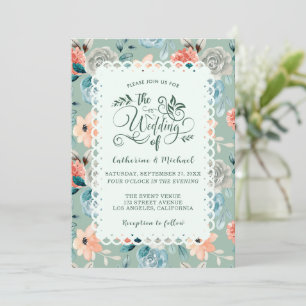 Sage Green Floral Lace Elegant Wedding Calligraphy Invitation