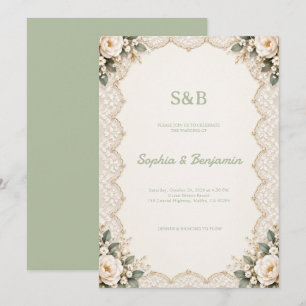 Sage Green Floral Lace Elegant Wedding Invitatio Invitation